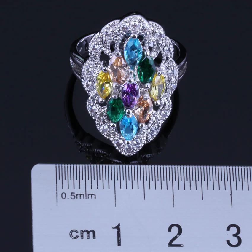 Captivating Oval Multigem Multicolor Yellow Cubic Zirconia Silver Plated Ring V0593