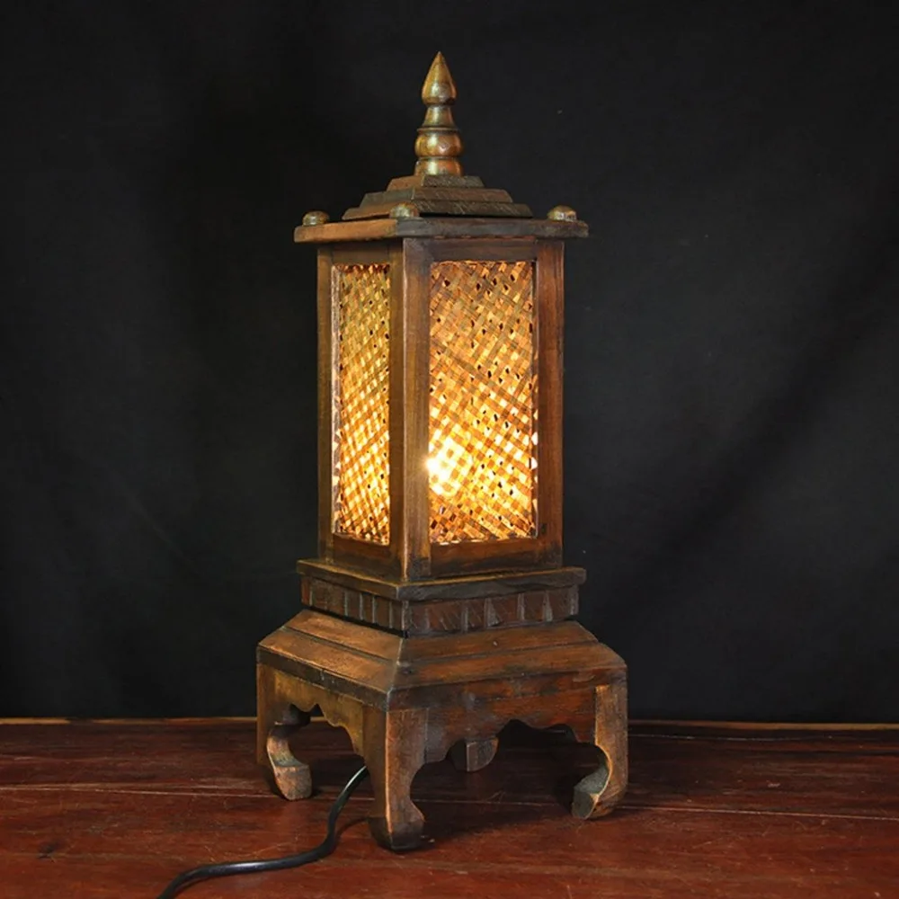 Thai Style Art Wooden Tower Modeling Table Lamp Bamboo Lampshade Wood Carving Traditional Decor Bedroom Living Room Table Light