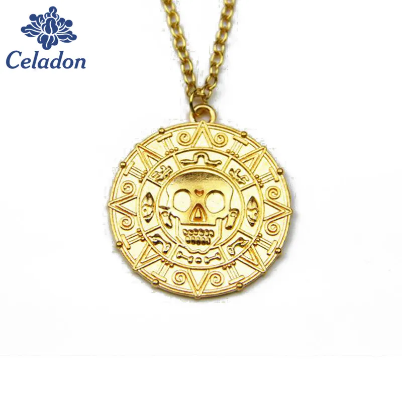 Wholesale 1pcs Pirates Of The Caribbean Necklace Jack Sparrow Aztec Coin Medallion Vintage Gold Bronze Pendant