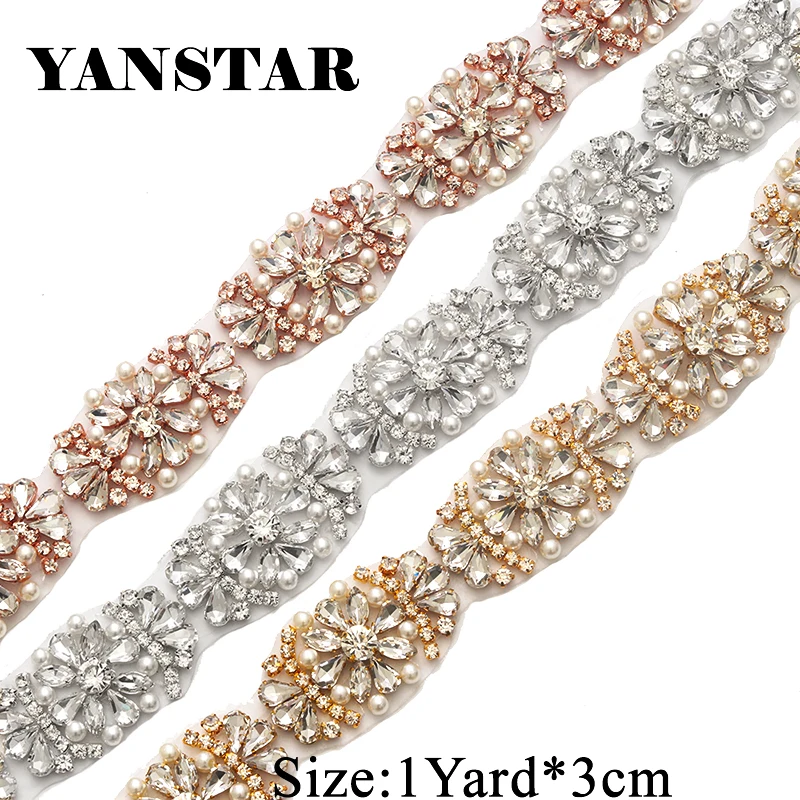 YANSTAR 5Yards Bridal Sash Rhinestone Appliques Trim For Wedding Dress Belts Rose Gold Crsytal Iron On Wedding Gown Belt YS886