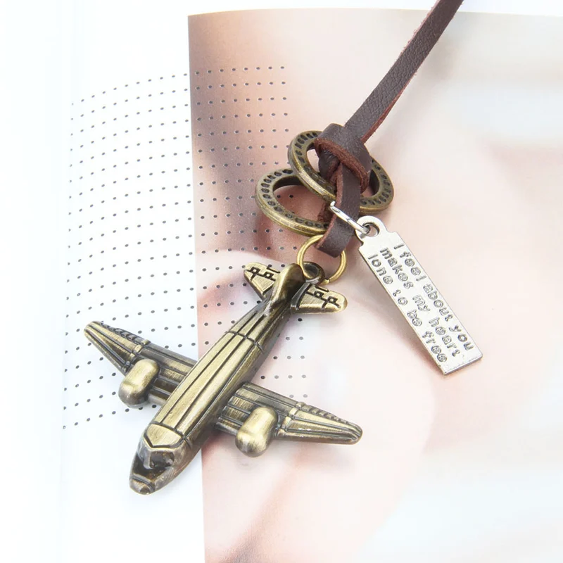 NIUYITID Antique Bronze Aircraft Plane Necklace & Pendants Men Women Handmade Genuine Leather Neclace Collar