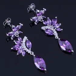 Glamorous Long Marquise Purple Cubic Zirconia White CZ Silver Plated Drop Dangle Earrings V0790