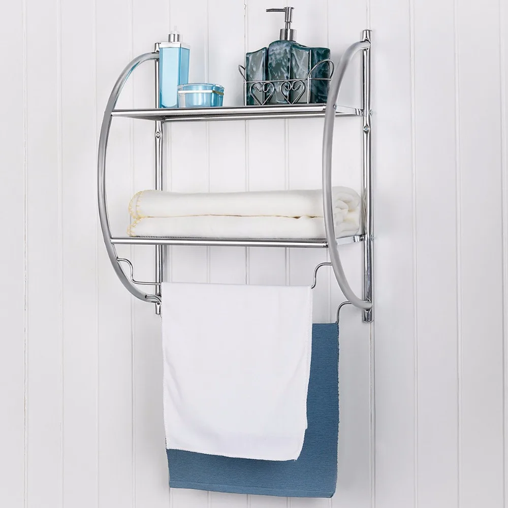 Goplus 2-Tier Wall Mount Shower Organizer Holder Storage Rack Towel Bar Toilet Bathroom