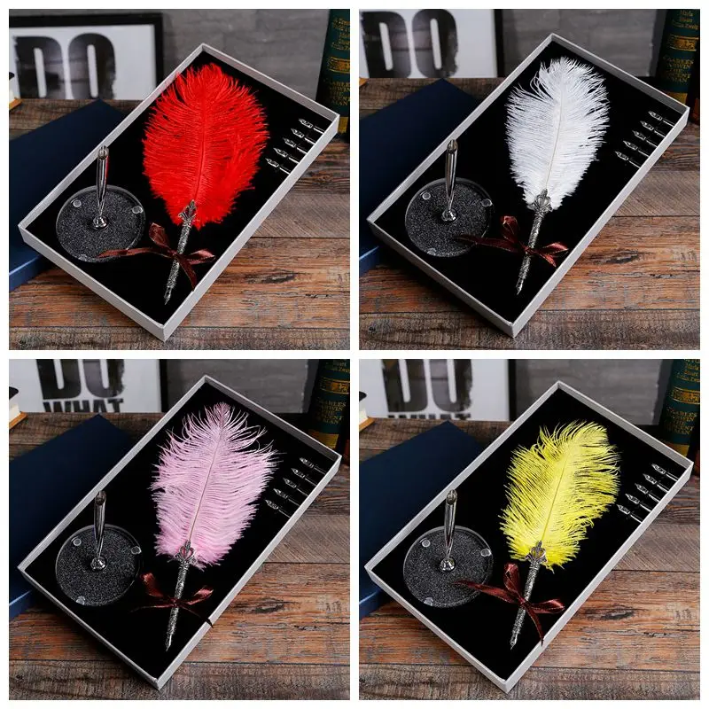 

Birthday gift pen set new personalized christmas Ostrich Feather Dip Pen, advertising pen