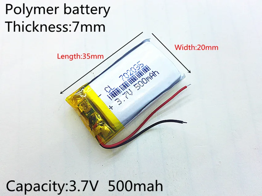 10pcs/lot Polymer battery 500 mah 3.7 V 702035 smart home MP3 speakers Li-ion battery for dvr,GPS,mp3,mp4,cell phone,speaker