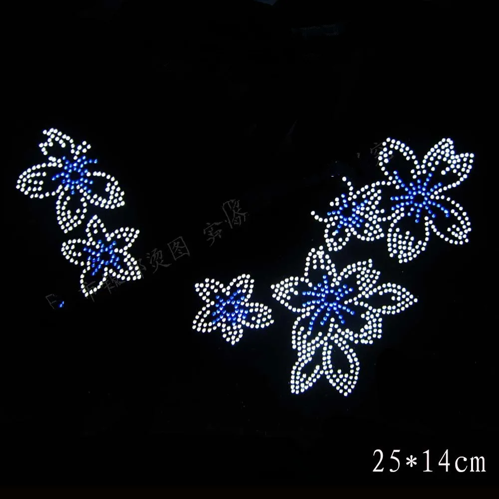 

2pc/lot Neckline white and blue flow rhinestones motif hot fix rhinestone transfer motifs iron on crystal transfers design