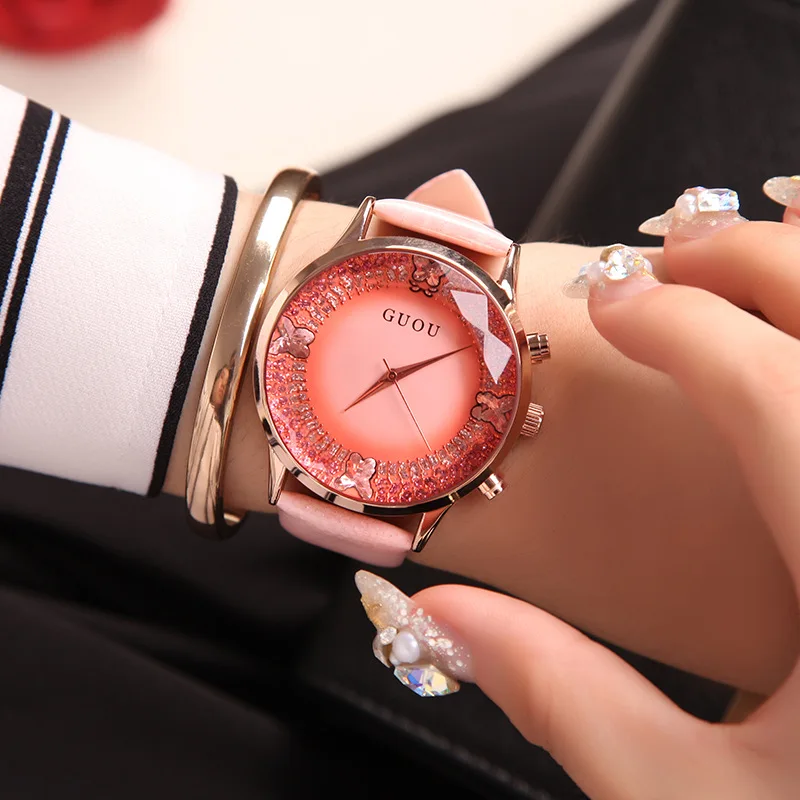 2018 Fashion Top Guou Brand Woman\'s Genuine Leather Casual Luxury Full Rhinestone Big Dial Gift Clock Lady Casual Quartz Watches