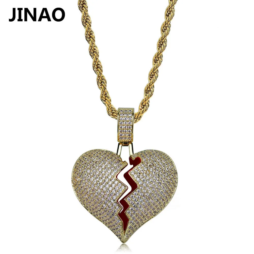 JINAO Fashion Broken Heart Iced Out Chain Pendant Necklace Statement Gold Color Cubic Zircon Necklace Hip Hop Men\'s Jewelry Gift