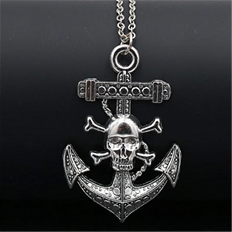 WKOUD 1pc Antique Silve Pirate Ship Skull Anchor Halloween Punk Metal Necklace DIY Handmade Jewelry Findoings A1506