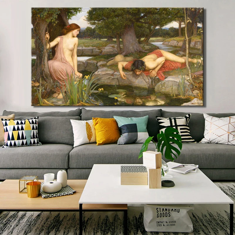 John William Waterhouse's Echo and Narcissus Posters and Prints Wall Art Canvas Painting Decorative Picture for Living Room Wall