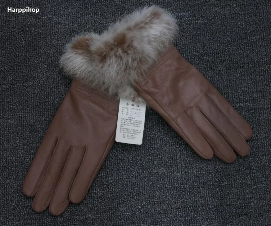 2019  Winter Rabbit Fur Genuine Leather Gloves Women Feminino Real Sheepskin Finger Black/Brown Motorcycl Mittens Guantes Mujer