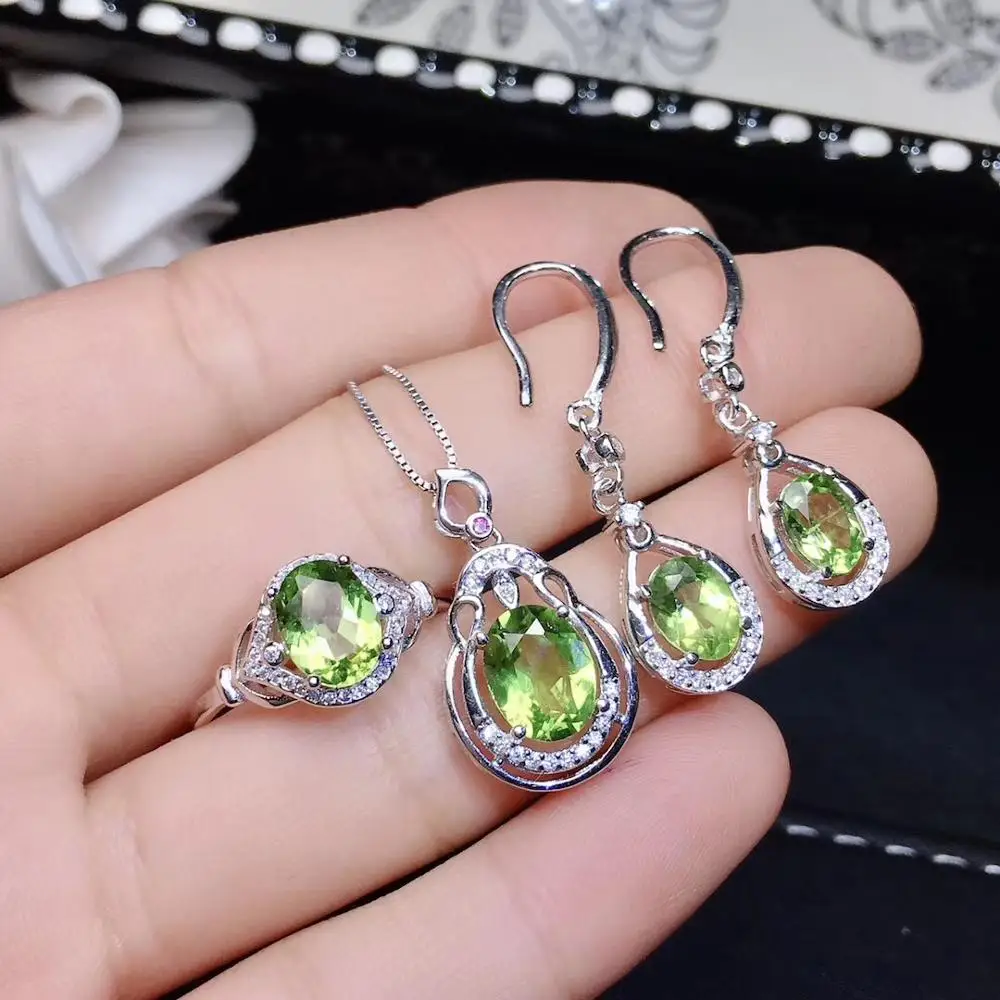 big sale fashion peridot jewelry set including ring hook earrings and necklace natural gem real 925 silver girl gift