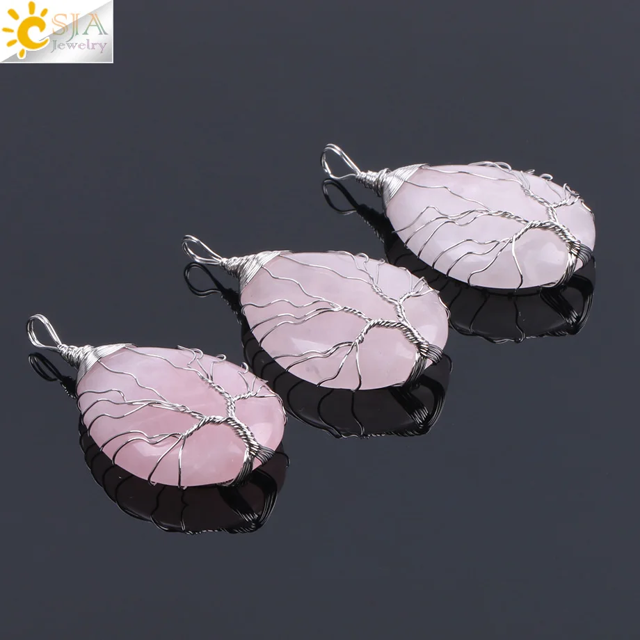 CSJA Natural Stone Pink Quartz Necklace & Pendant Silver-color Tree of Life Wire Wrapped Water Drop Shape for Women Jewelry F122