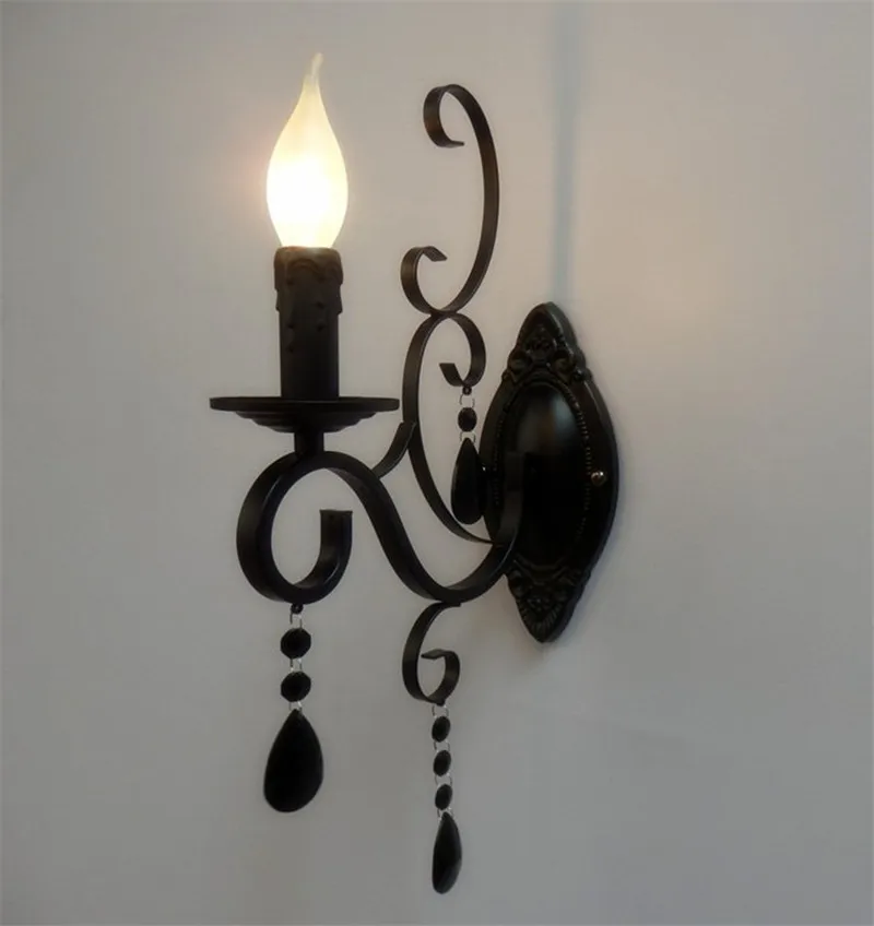 European classic vintage wall lamp black wrought iron body crystal deco candle wall light fixture for living room bedroom stairs