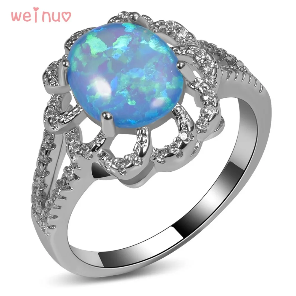 Weinuo Oval Blue Opal Flower Type White Crystal Ring 925 Sterling Silver Top Quality Jewelry Wedding Ring Size 5 6 7 8 9 10 11