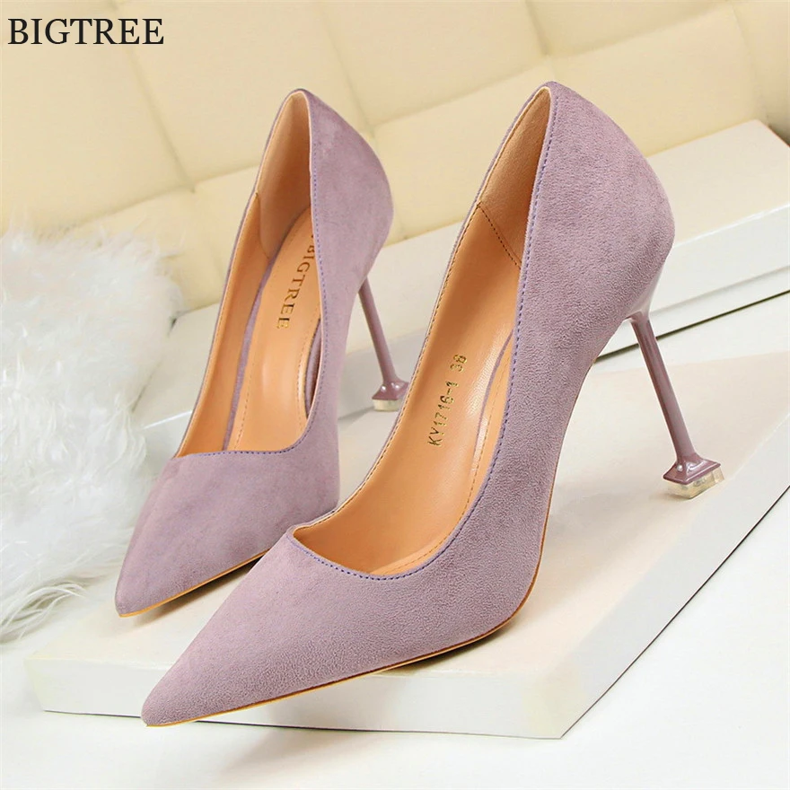 

9 Colors Concise Ladies Office Shoes Autumn Solid Flock Pointy Toe High Heels Shoes Shallow Wedding Female Pumps Sexy Size 34-40