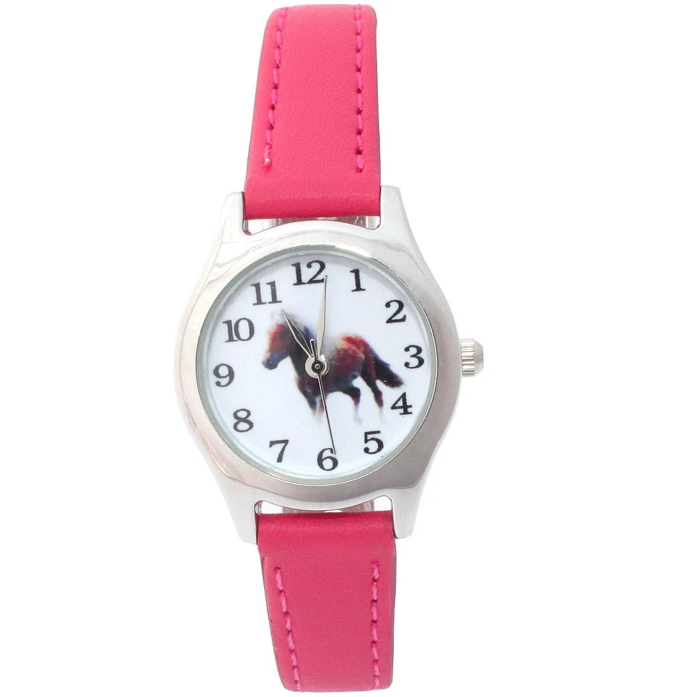 Popular Cute Girl Ladies Watch Kids Watches Horse Leather Quartz Student Kids Animal Cartoon Children Wristwatch U11 red