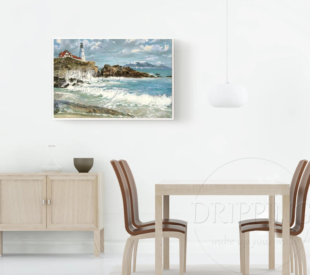 Artist Hand-painted High Quality Modern Seaside Seascape Oil Painting on Canvas Seaside Lighthouse Oil Painting for Living Room