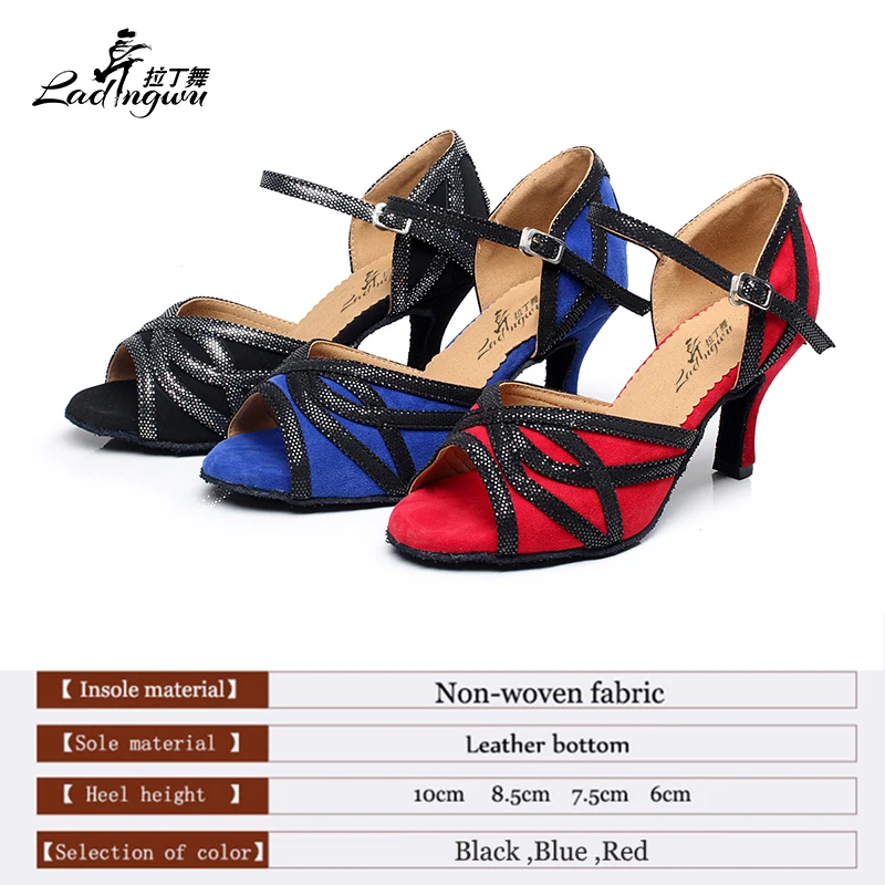 Ladingwu-zapatos de baile latino para mujer, calzado de franela y purpurina para Salsa, Samba, salón de baile, rojo/azul/negro