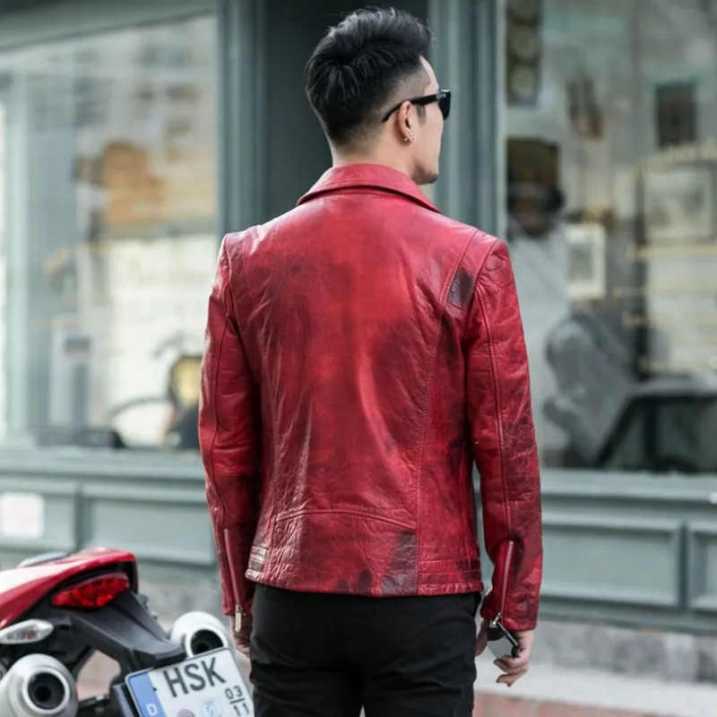 New Mens Luxury Sheepskin Genuine Leather Jacket Slim Fit Motorcycle Leather Jacket Men Punk Designer Red Outwear Coat 4XL