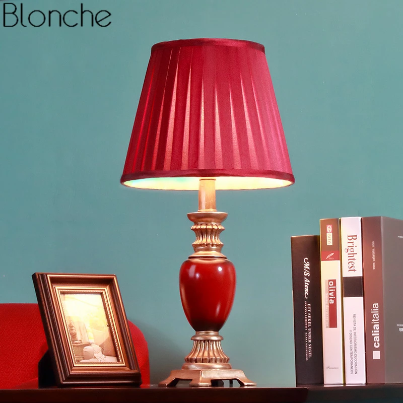 

American Wedding Red Table Lamp Bedroom Bedside Lamp Led Stand Desk Light Fixtures Study Reading Luminaire Home Art Decor E27