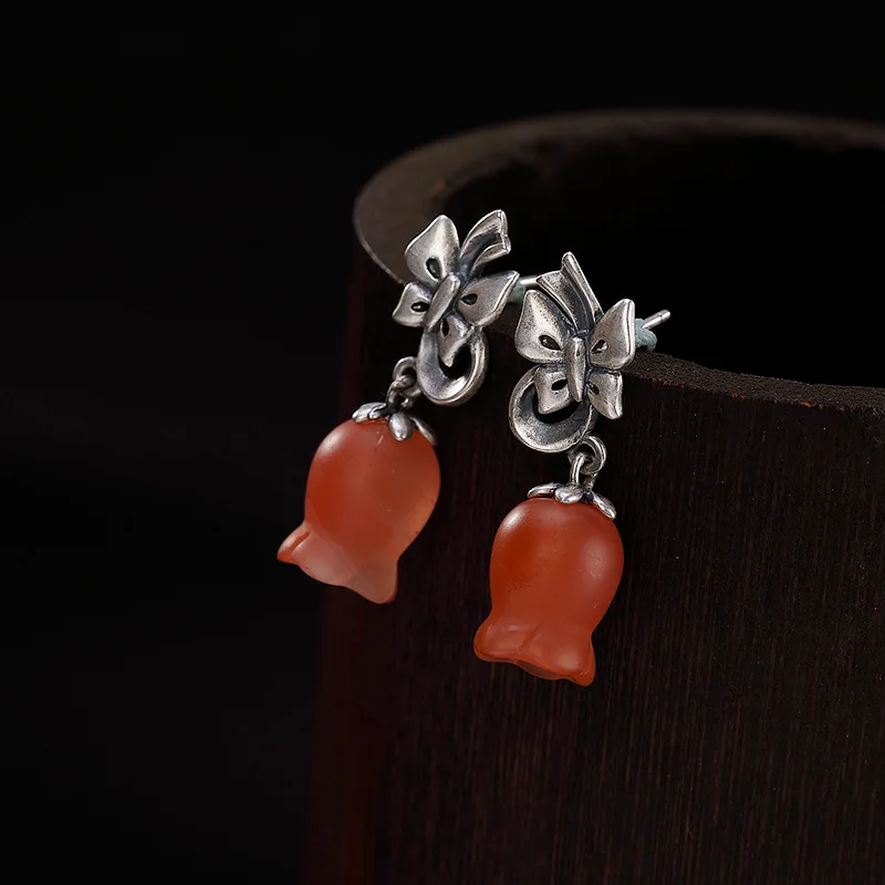 S925 sterling silver inlaid with South Red Agate personality boll orchid retro butterfly lady eardrop earpin Earrings