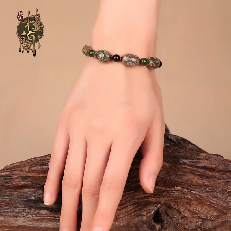 Nepal Original Three Eye Dzi with Black Stone Spacer Bracelet Vintage Ethnic Sytle Tibet Bracelet Beautiful Bracelet for Women