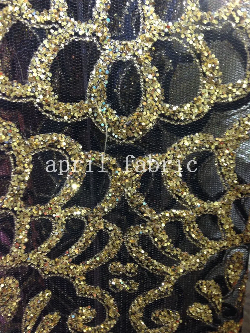 

hh015 african black gold crown luxury fancy hand print glitter black net mesh shining fabric for sawing/fashion design