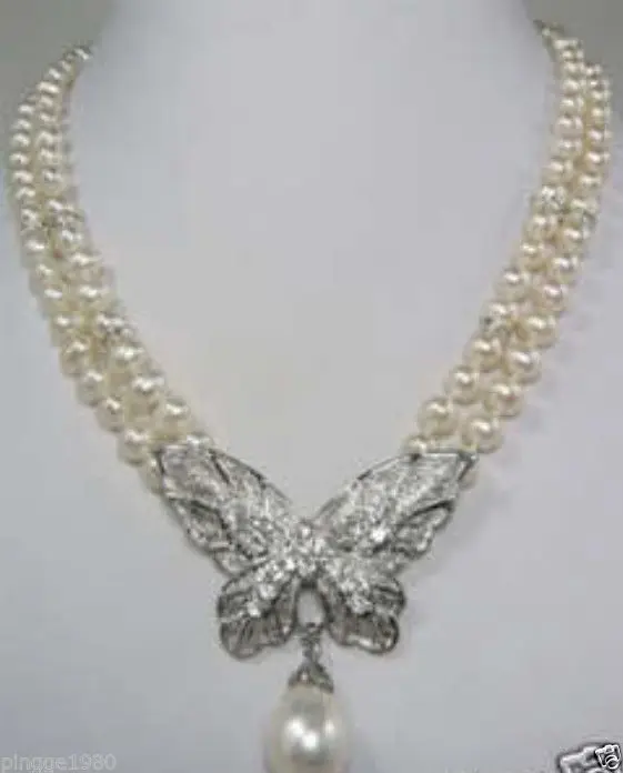 

FREE SHIPPING Hot sale 2 rows White Pearl butterfly pendant necklace