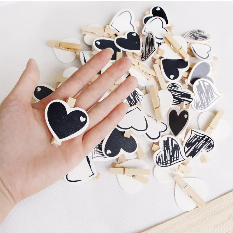 5pcs Heart 45x7mm DIY Black White Big Wood Clothes Pegs Clothespin Clips Office Party Decoration Accessories Photo Hanging Pegs