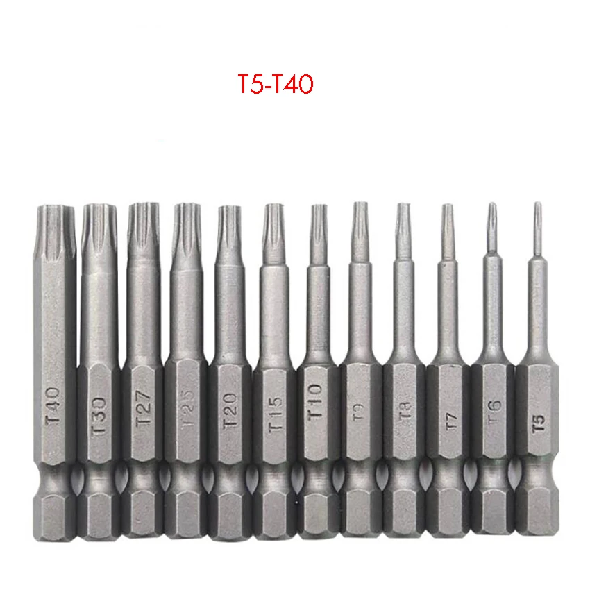 12PCS/Set 50mm Long Hex Shank Torx Screwdriver Bits T5-T40 S2 Steel Hollow Hole Screwdriver Bits for Screwdriver Electric Drill