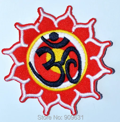 

New ! Hot Orange Sun ~ YOGA ~ Aum om infinity hindu indian green LOTUS retro hippie Iron On patch ~