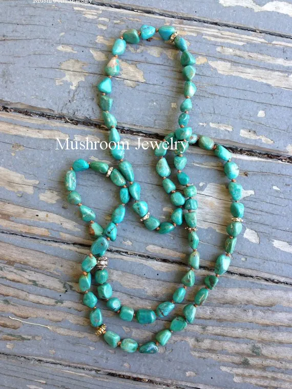 

Bohemian Glam Hand Knot Howlite Nugget Beaded Necklace Long Turquoises Nugget Necklace