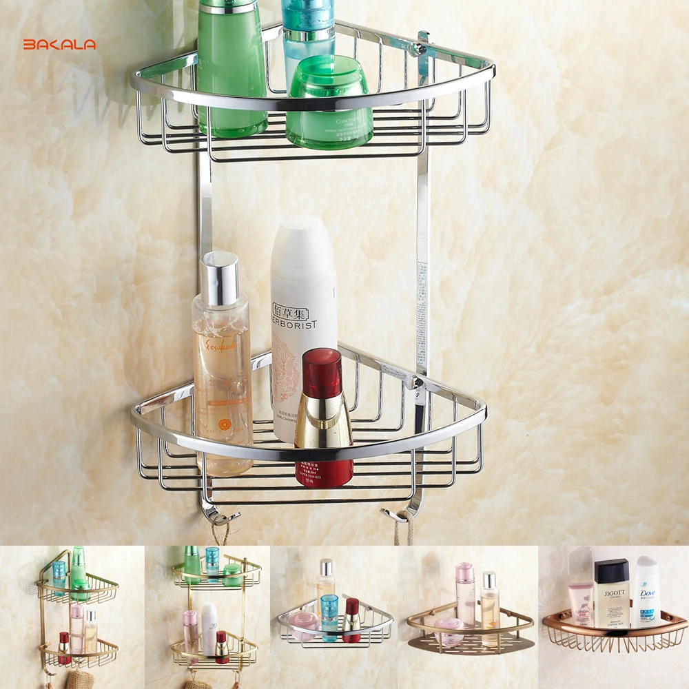 Free Shipping BAKALA Brass Bathroom Shelves With Robe Hook 2-Tier Bathroom Storage Basket Wall Mount Bathroom Shelf BR-6707