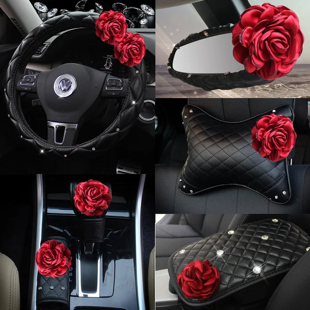 Kwiat czerwonej róży akcesoria do fotelika samochodowego skórzana osłona kierownicy Auto Crystal zagłówek wspornik hamulca ręcznego Shifter Cover