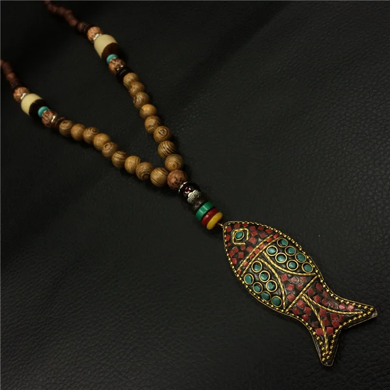 Fashion Evade Fish Ethnic Long Necklace,Stones Plate Nepal Jewelry,Handmade Sanwoods Vintage Bodhi Pendants Necklace