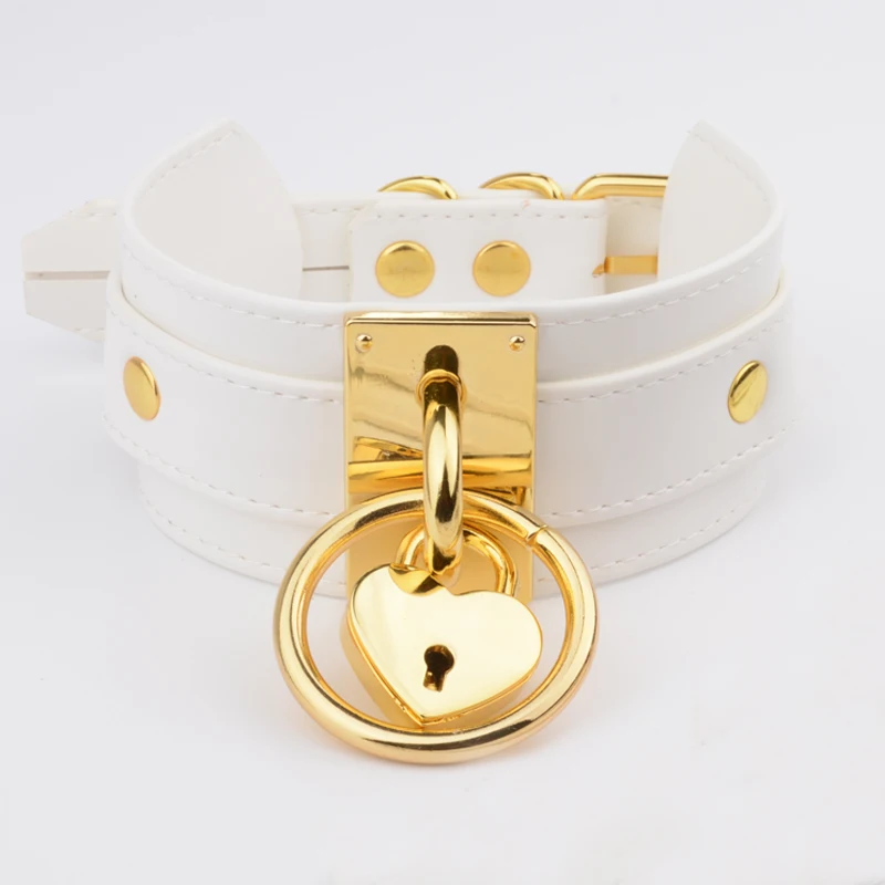 Handmade White Leather Choker Oversized Wide Layered Slave Collar Heart Locket Necklace for Women Girls   Choker