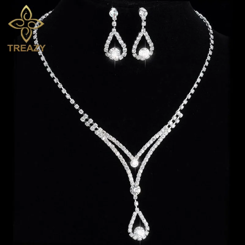 TREAZY Women Beautiful V Shape Teardrop Crystal Necklace Earrings Set Bridal Bridesmaid Wedding Jewelry Sets Night Party Show