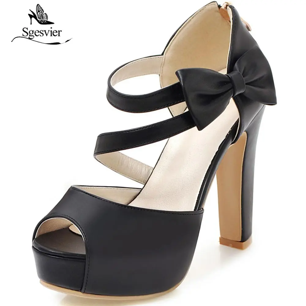 SGESVIER Hot Sale Women Sandals Thick High Heels  Open Toe Bowtie Shoes Woman Black White Platform Zipper Peep Toe Shoes OX359