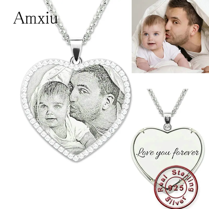 Amxiu Customized Photo Necklace 925 Sterling Silver Jewelry Engrave Name Heart Pendant Necklace For Women Mother Memorial Gift