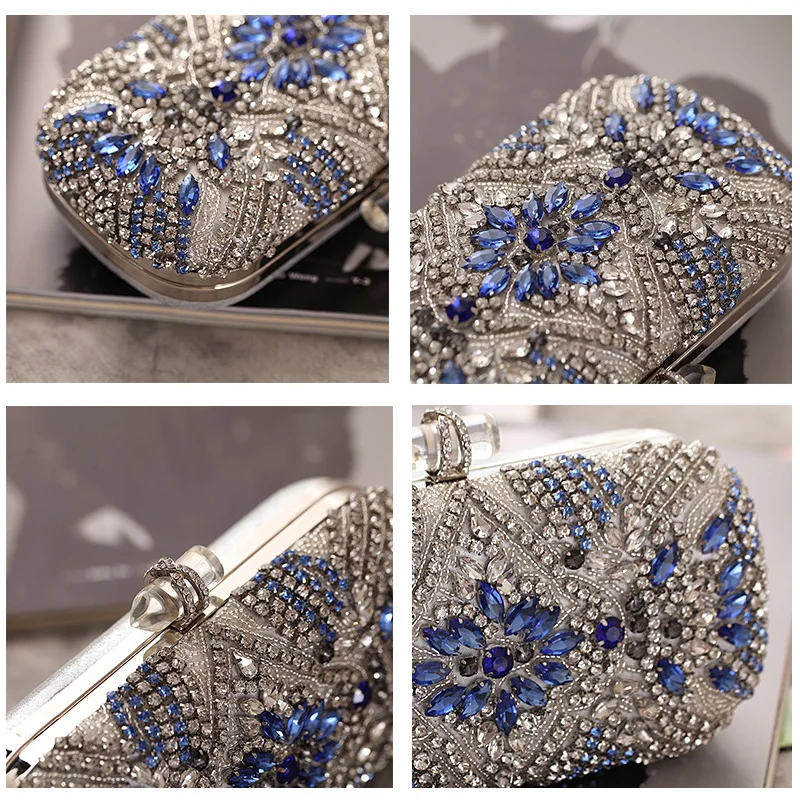 Bolso de mano con cadena de estilo de diamante para mujer, bolsa femenina de lujo, color azul, para usar en la noche o en boda, con monedero, bolso