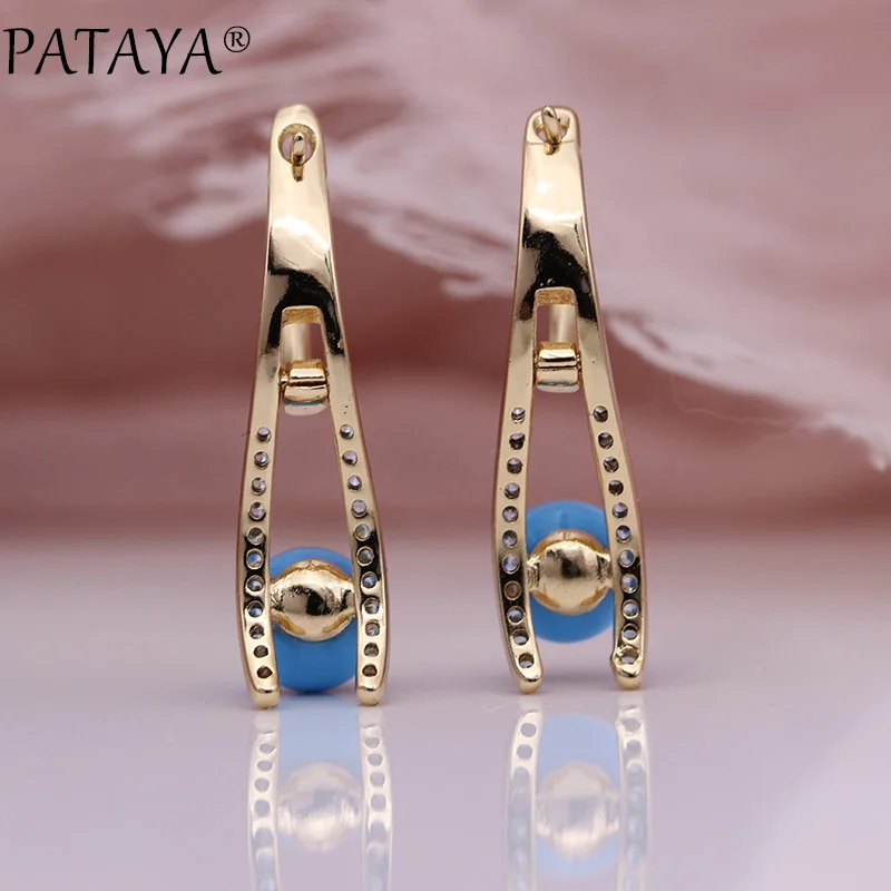 PATAYA New Fine Turkish Blue Shell Pearls Drop Earrings 585 Rose Gold Color Fashion Jewelry White Round Natural Zircon Earrings