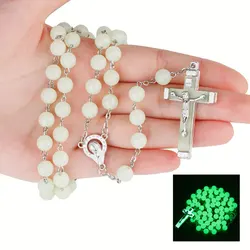 8MM luminous Christian Catholic Cross Rosary Necklace Glowing Light in Dark Beads Chain Necklaces for Men Women Religion Jewelry