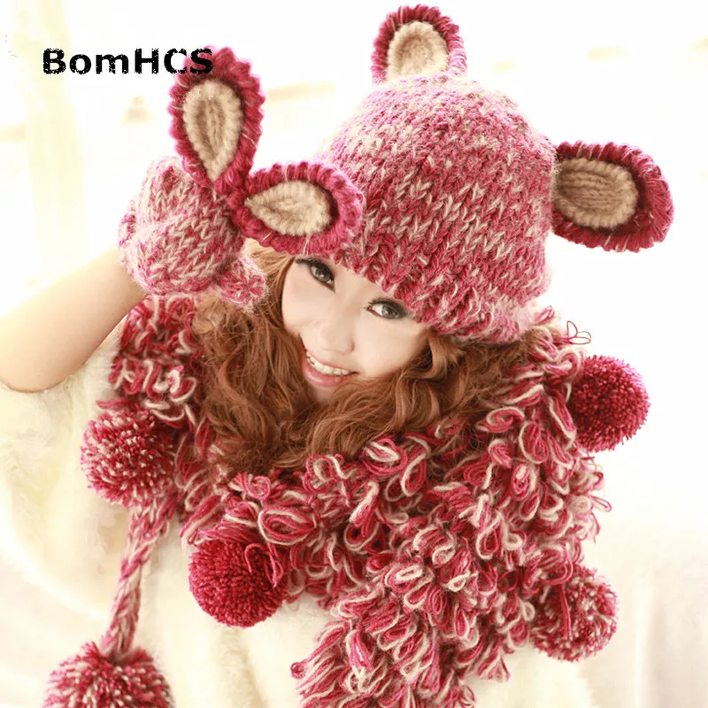 

BomHCS Cute Rabbit Ears Winter Warm Women's Beanie +Gloves 100% Handmade Knit Hat Mittens (without Scarf)