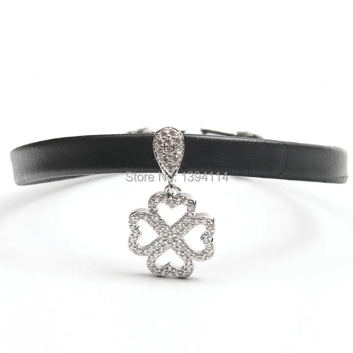 Micro Pave Clear CZ Clover Charm Bracelet Stringed Leather Cord Fold Over Clasp Approx 6-8 Inches