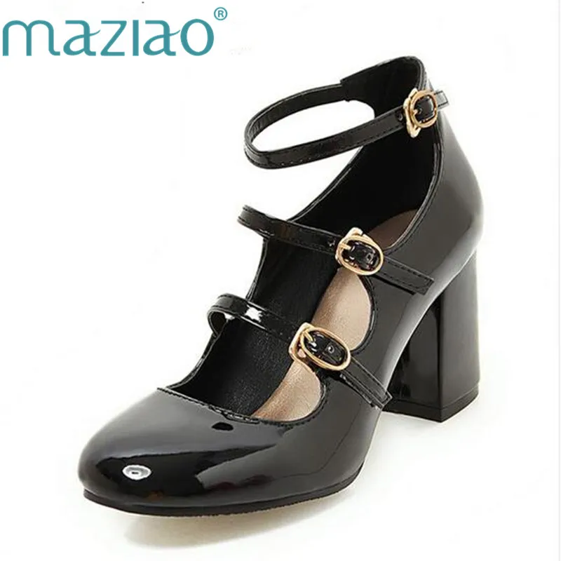 MAZIAO Spring 2019 Shoes Women Mary Jane Thick High Heels Buckle Pumps Party Shoes Round Toe Ladies Shoes Black Red Size 34-43