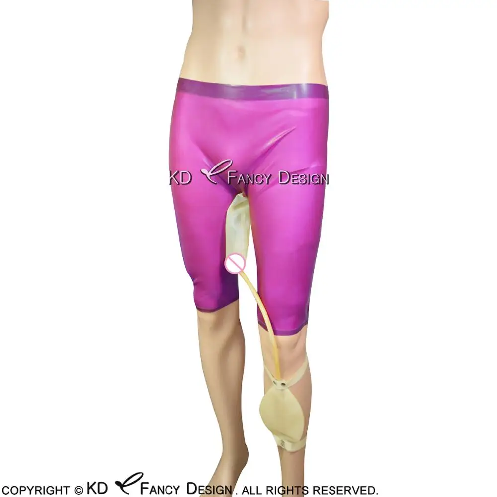 Rose Red And Transparent Latex Long Leg Boxer Shorts With Two Piss Bag Under Crotch Rubber Pants Briefs DK-0117