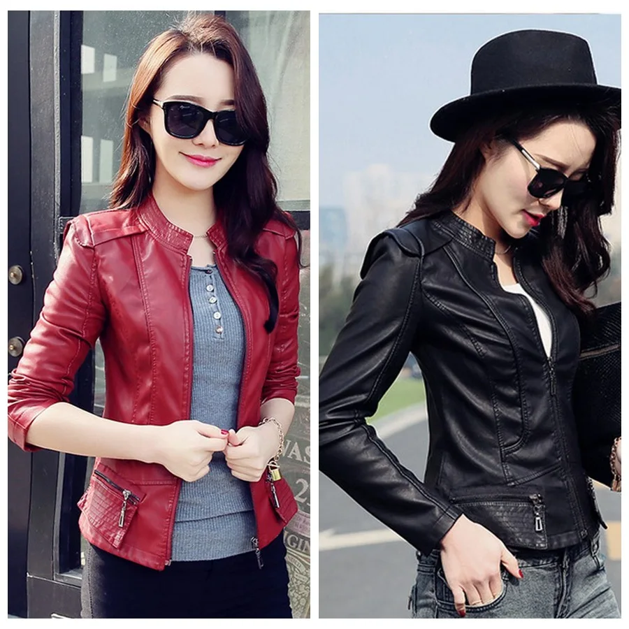 Women Pu Leather Short Slim Jacket Round Neck Zipper Coat Female Outerwear New Fashion Jacke M-2XL