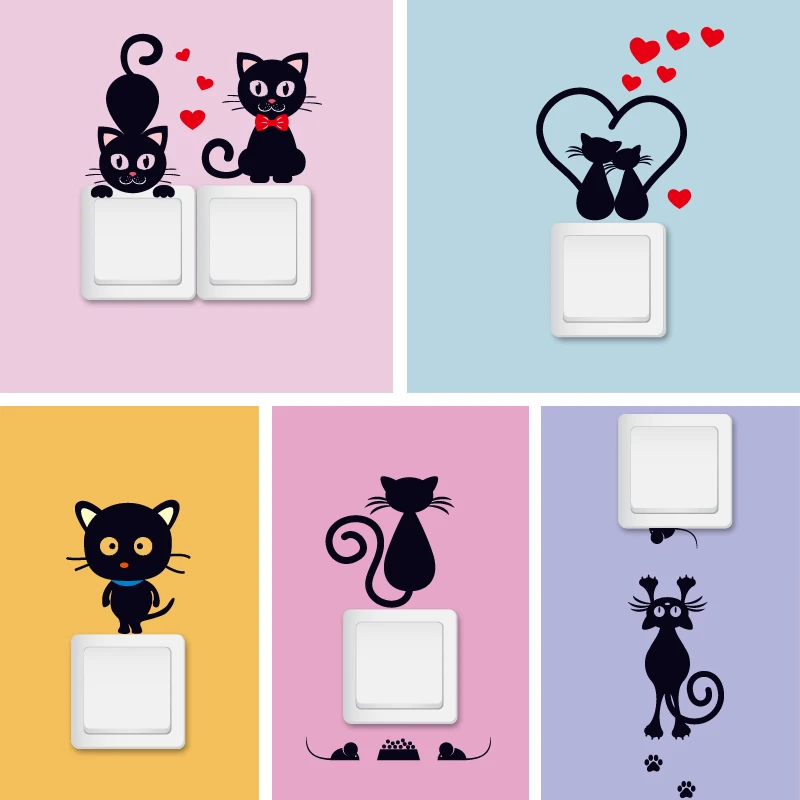 DIY Creative Black Cat Love Cartoon Removable Switch Stickers PVC Wall Sticker Vinyl Decals Home Decor Wallpaper Socket Paste