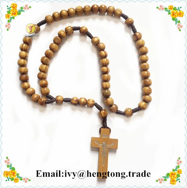 10pcs/pack wholesale cheap olive/pine wooden beads religious rosary, catholic rosary necklace with wooden cross